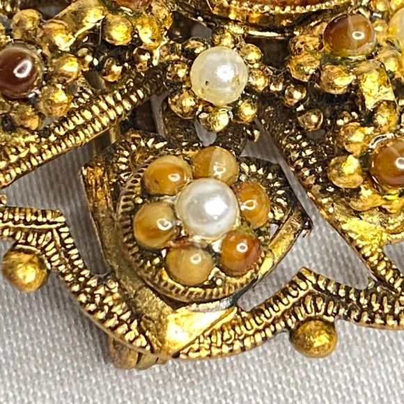 West Germany Ornate Brooch Gold Tone Filagree Amber And Pearly Stones - Picture 6 of 9